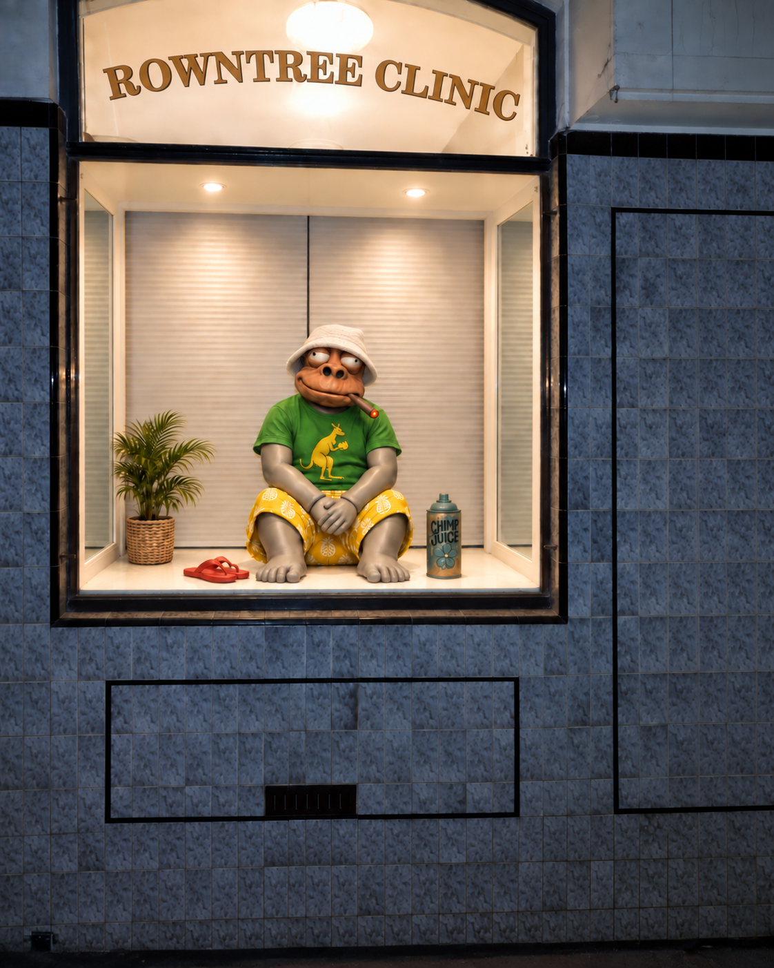 A grey sculpted chimpanzee in a hooded coat sits in the display window of a former Balmain clinic, beside a spray can, waiting.